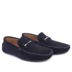 Genuine Suede Leather Navy Blue Buckle Loafers Shoes