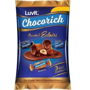 LuvIt Chocorich Assorted Eclairs Toffee - Centre Filled, Classic, Dark Chocolate & Hazelnuts, 480 GMS  Pouch