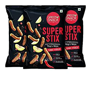 Green Snack Co. Super Stix Tangy Pickle | 100% Roasted Gluten Free Healthy Snacks | Diabetic Friendly Snacks | High Protein Multigrain Puff Snack | House Party Snack 100GMS