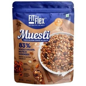 Fit & Flex Healthy Muesli Breakfast| Baked & Crunchy | Nuts About Nuts | Low Added Sugar, Zero Cholesterol and Fibre Rich | High In Protein Snacks| Ready to Eat Healthy Oat Rich Cereal-450 GM